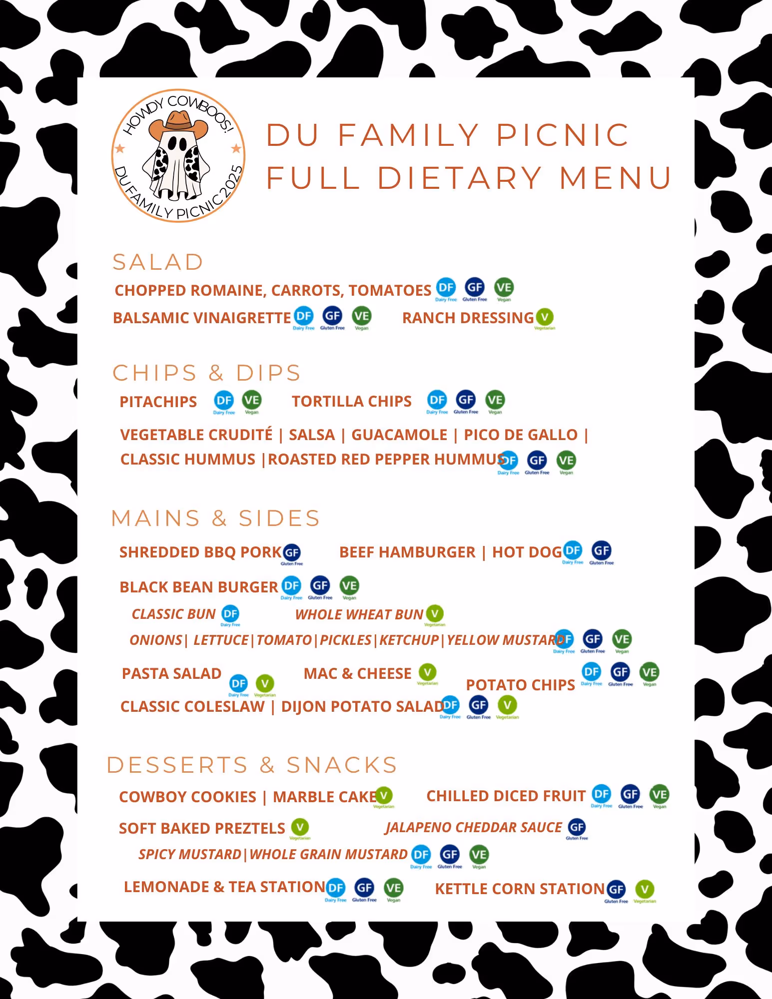 DU Family Picnic full dietary menu featuring salad, chips and dips, mains and sides, desserts and snacks with dietary icons for dairy-free, gluten-free, vegan, and vegetarian options.