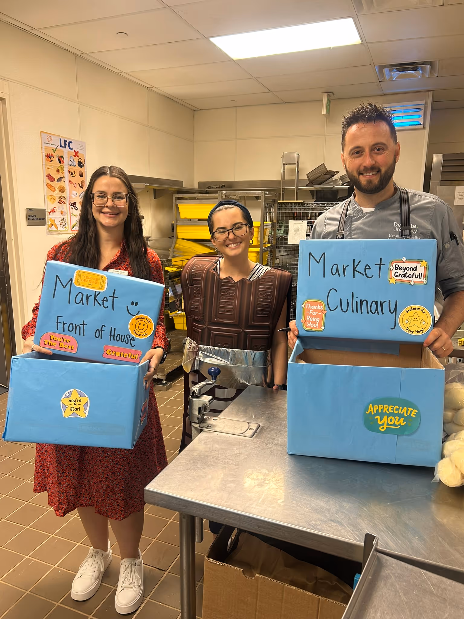 Three smiling people in a kitchen, one wearing a chocolate bar costume, holding blue boxes labeled Market Front of House and Market Culinary with positive stickers.