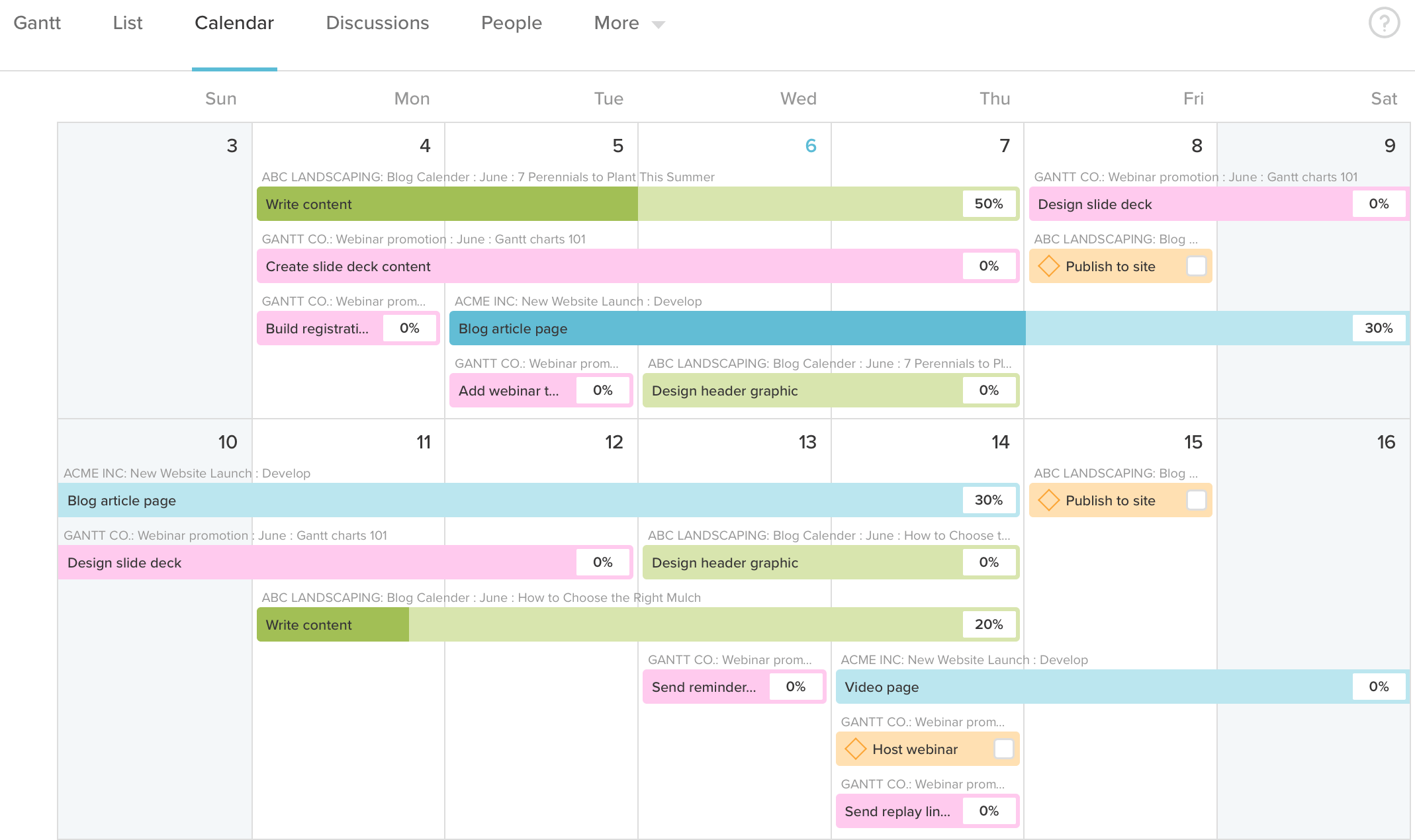 Calendar view of project in TeamGantt