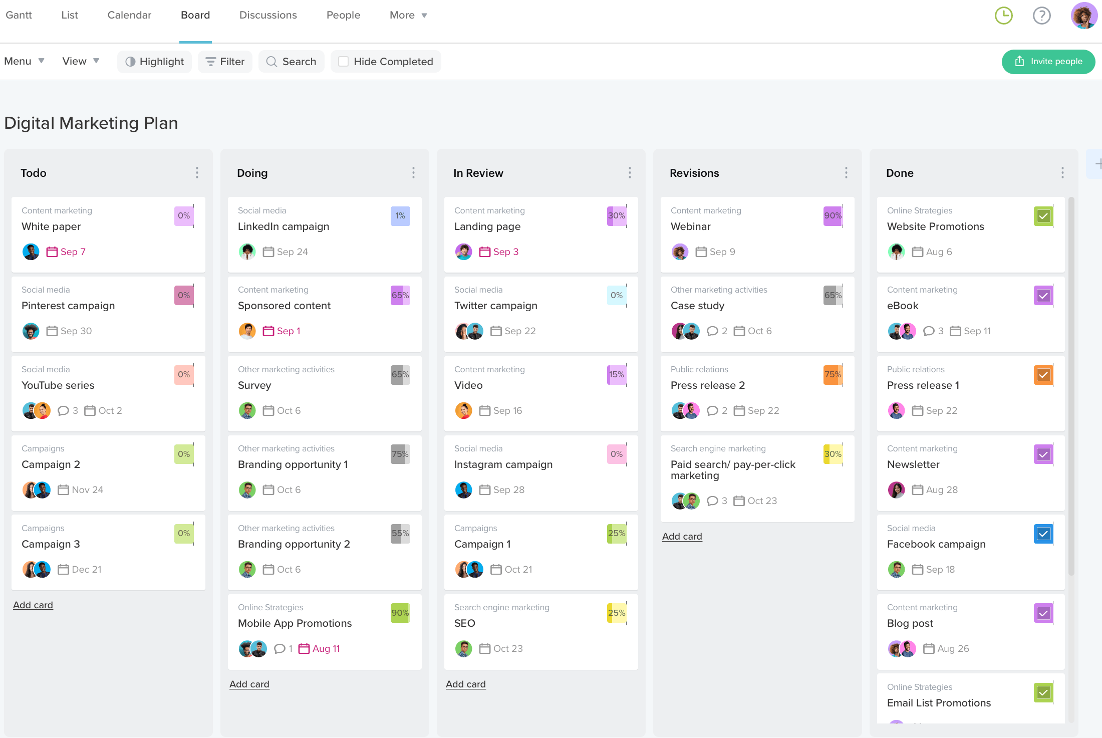 Kanban board for project in TeamGantt