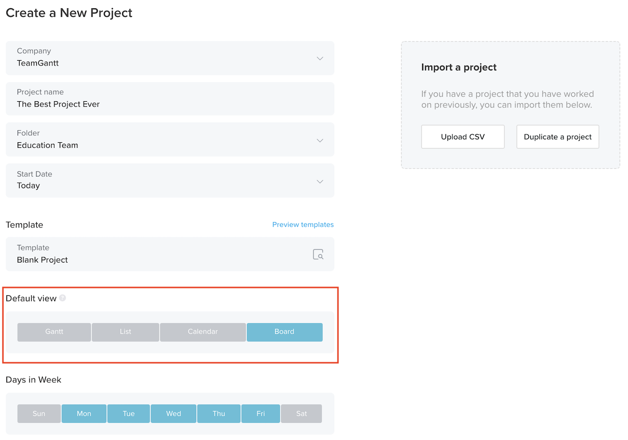 How to set a default project view from the project setup screen in TeamGantt