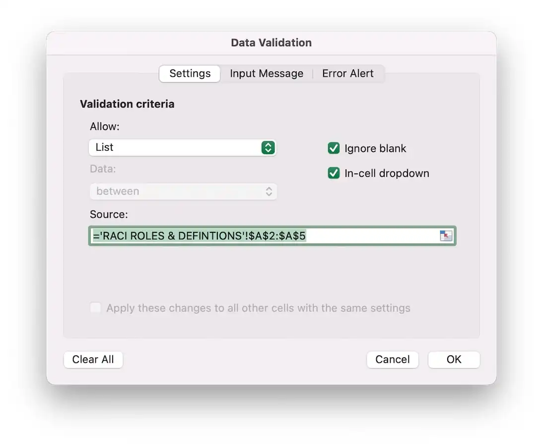 Excel RACI Matrix Step 4d - Confirm data validation settings