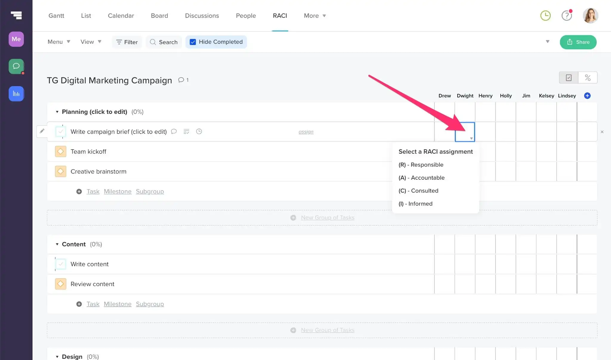 Screenshot of TeamGantt's built-in RACI matrix for assigning task responsibilities