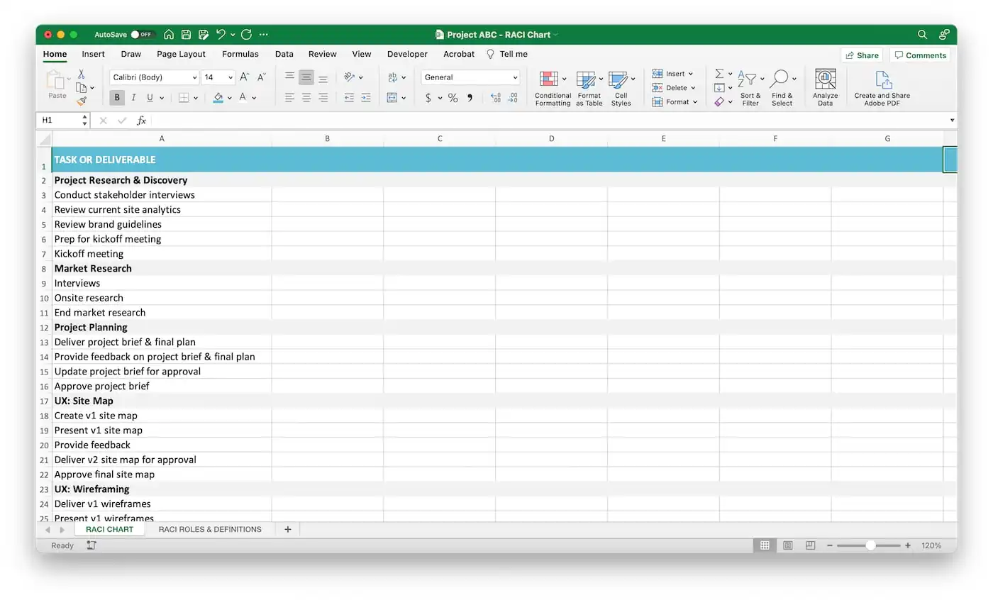 Excel RACI Matrix Step 1 - List project tasks and deliverables