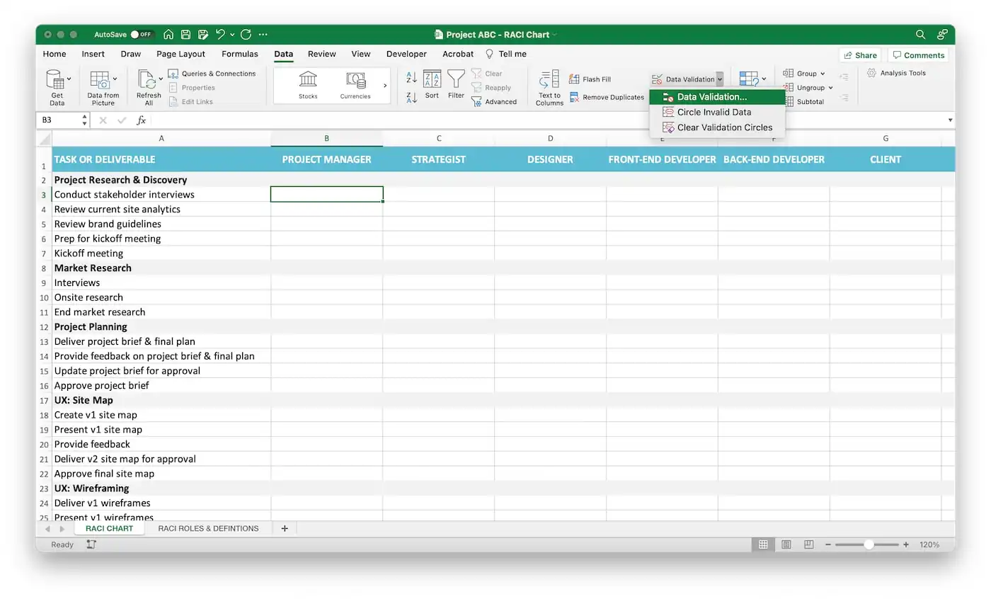 Excel RACI Matrix Step 4a - Click Data Validation