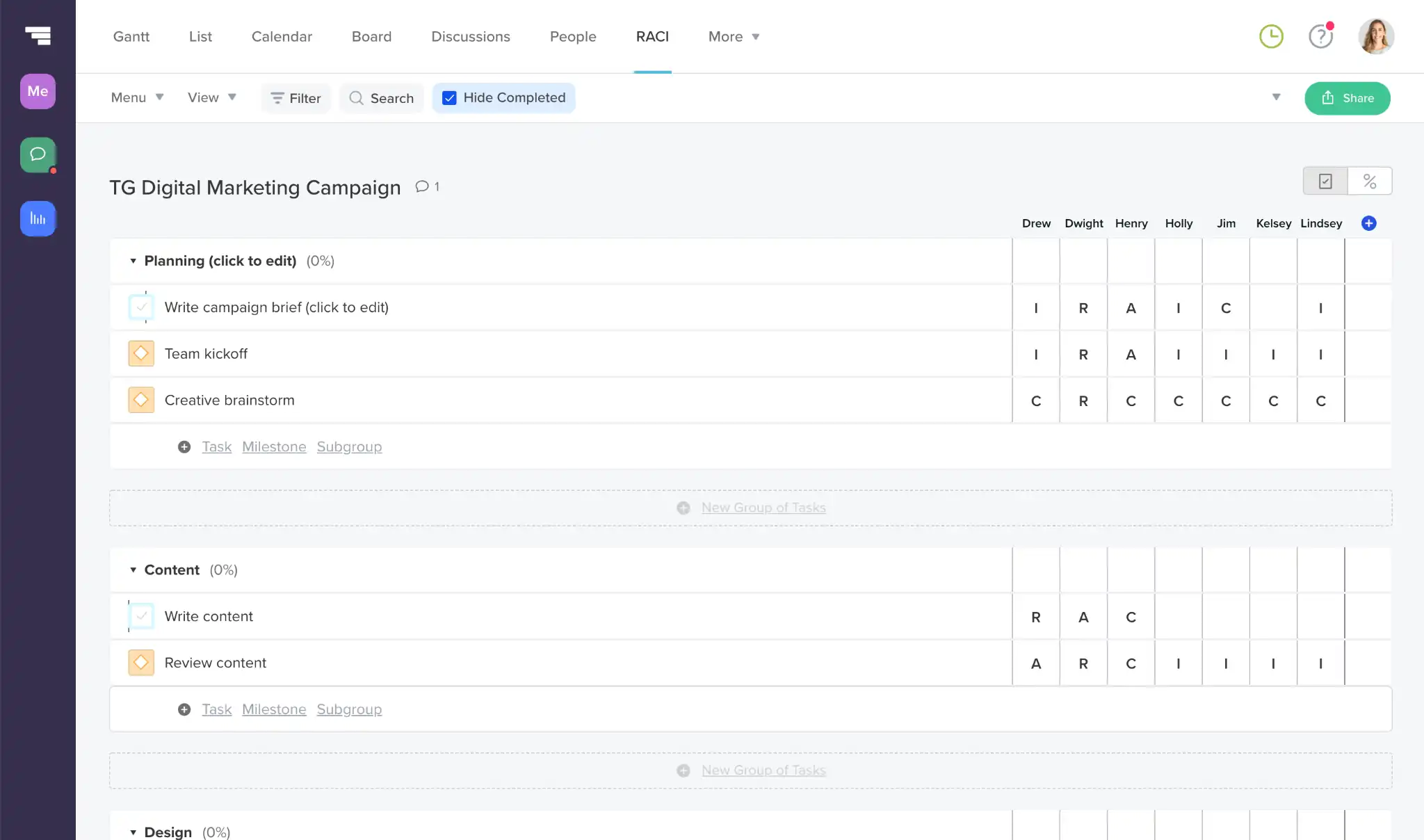 Screenshot of the RACI tab in a TeamGantt project