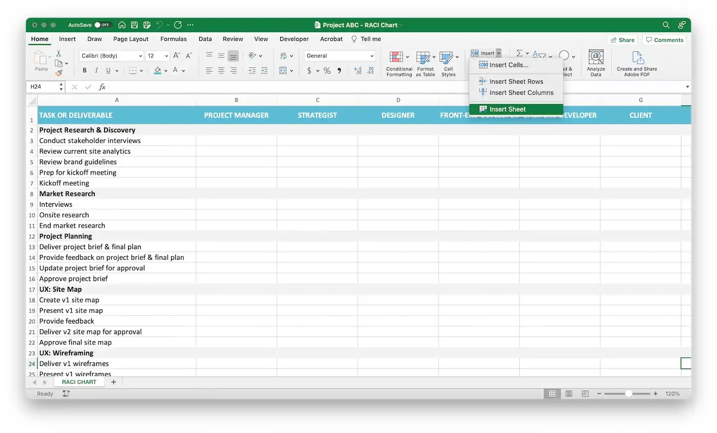 Excel RACI Matrix Step 3a - Insert new sheet for roles and definitions