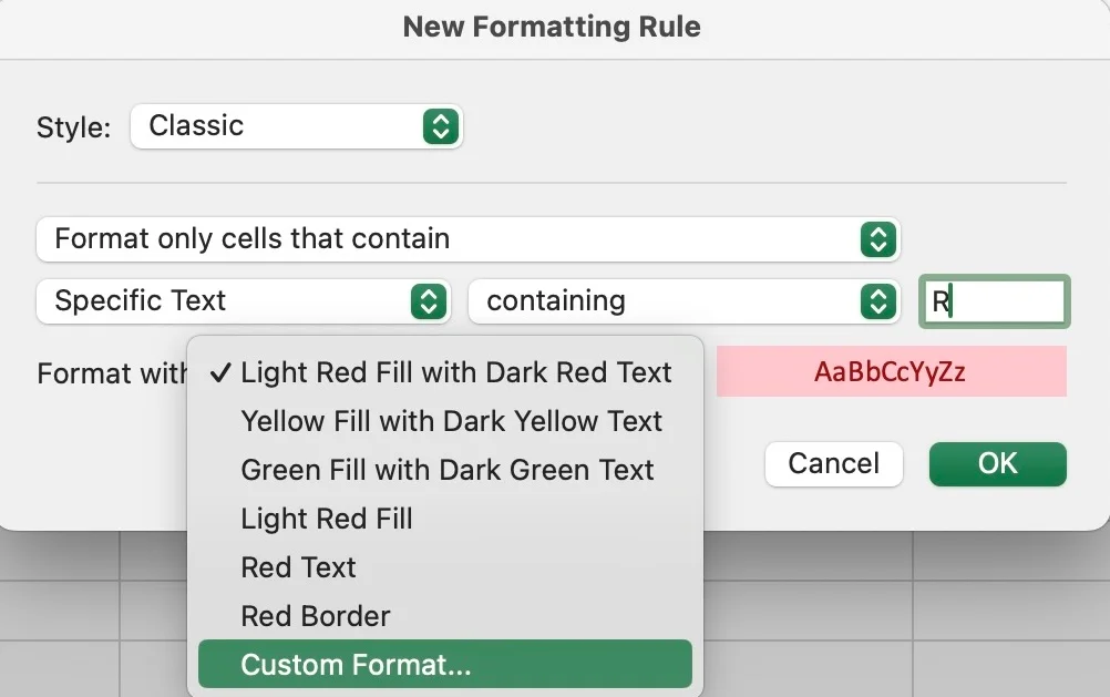 Excel RACI Matrix Step 5 - Color-code responsibility assignments with conditional formatting