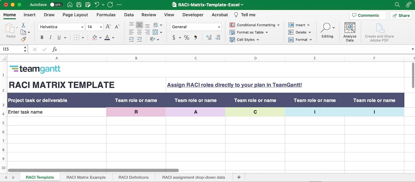 Free RACI Template for Excel by TeamGantt