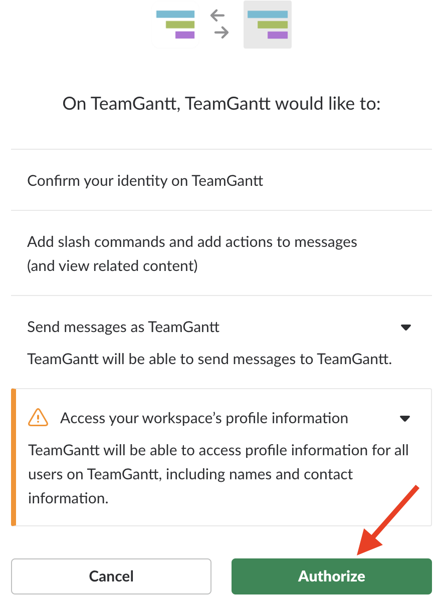 authorizing the TeamGantt Slack integration