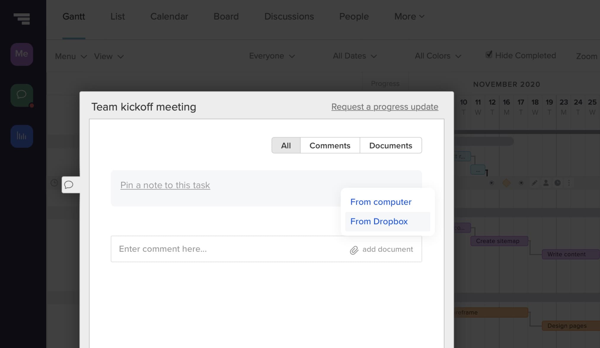 TeamGantt screenshot showing the "add document" action and "From Dropbox" selection