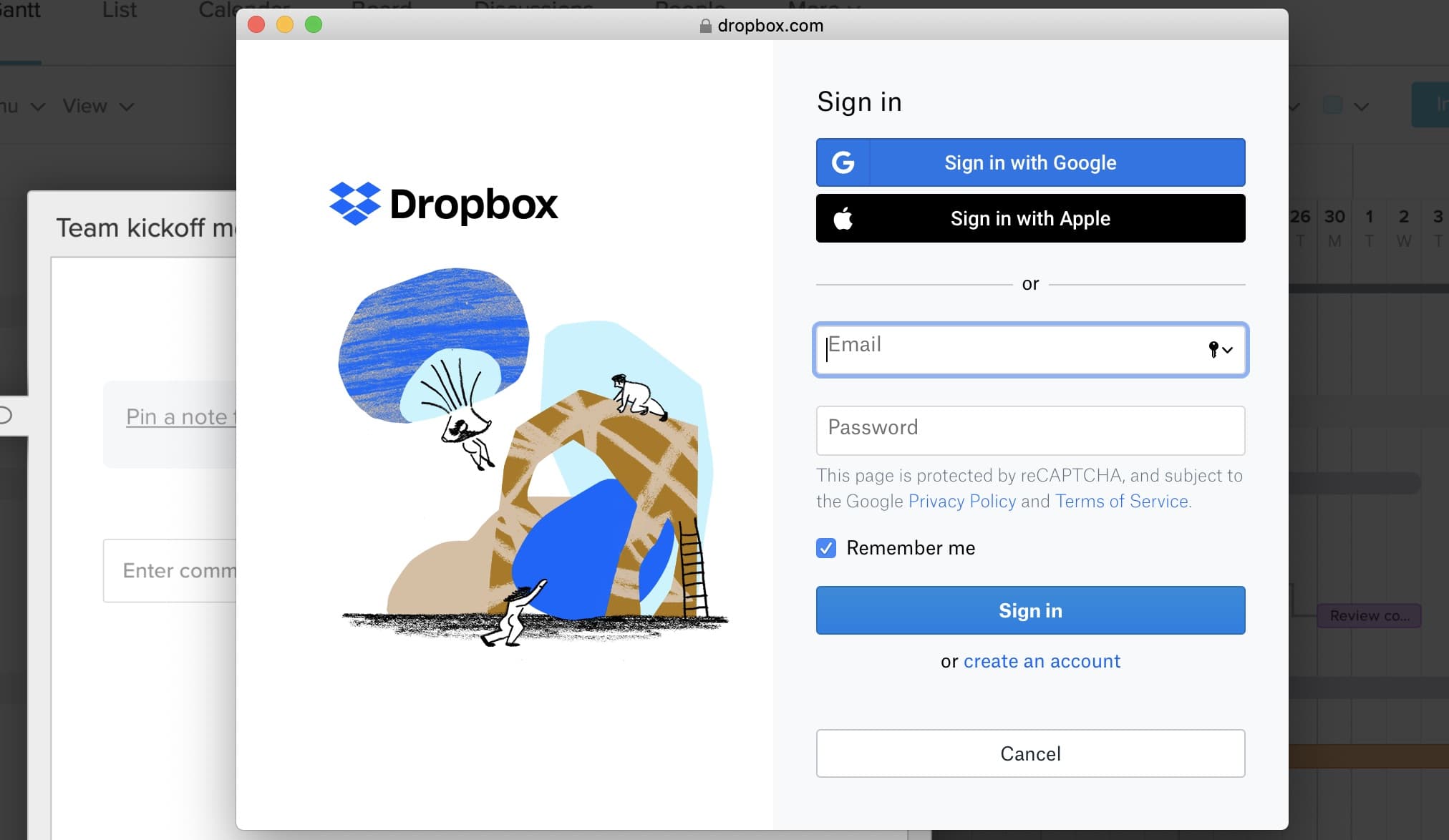 TeamGantt screenshot of Dropbox integration login screen