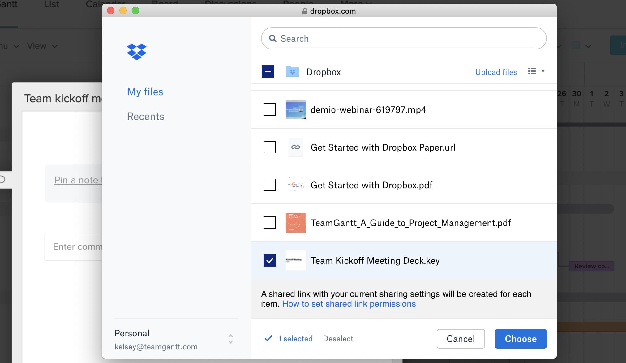 Screenshot of Dropbox file selection via TeamGantt integration