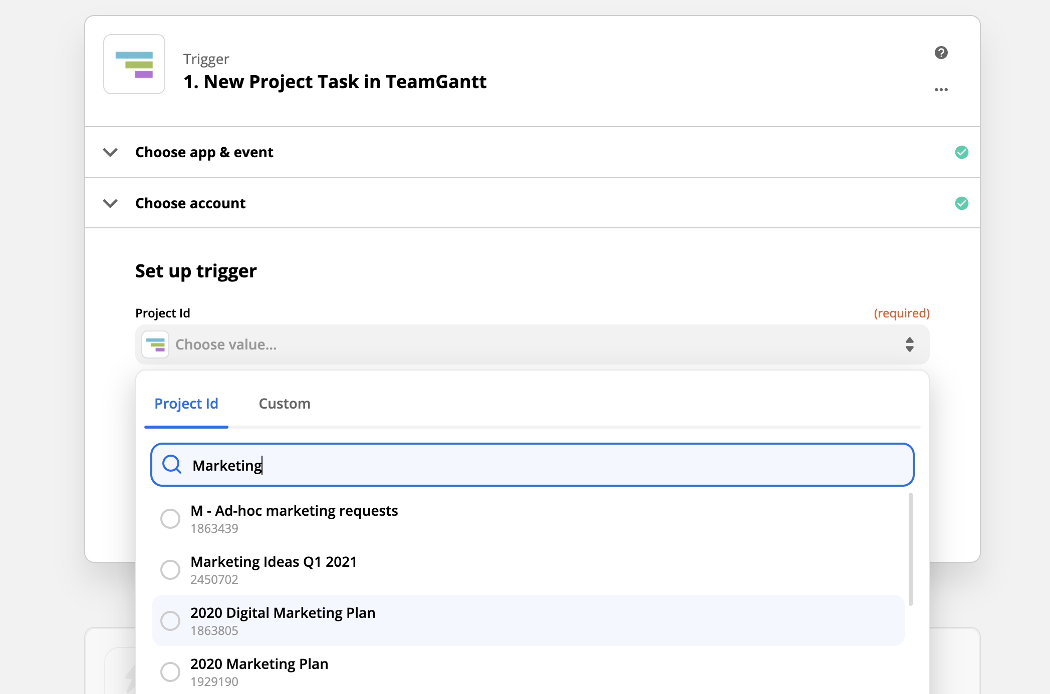Choose the project you’d like to trigger actions for in TeamGantt's Zapier integration.