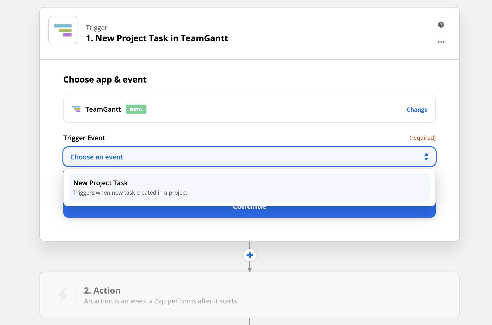 Select the New Project Task trigger event for TeamGantt's Zapier integration.