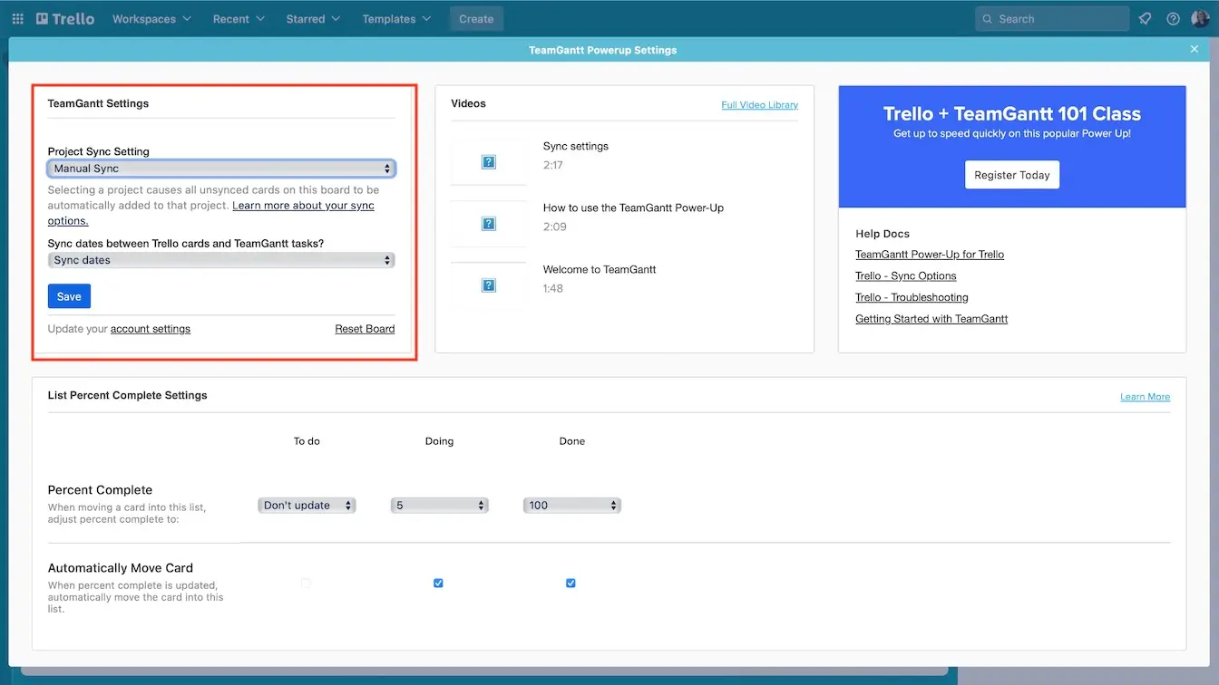 TeamGantt Power-Up settings for switching from Auto to Manual sync options