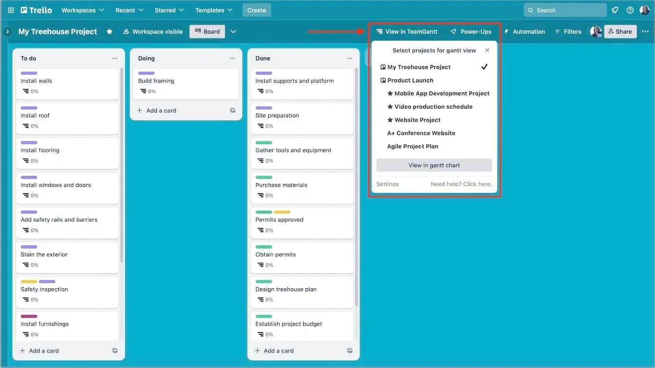 View in TeamGantt menu in Trello with a project selected from the list