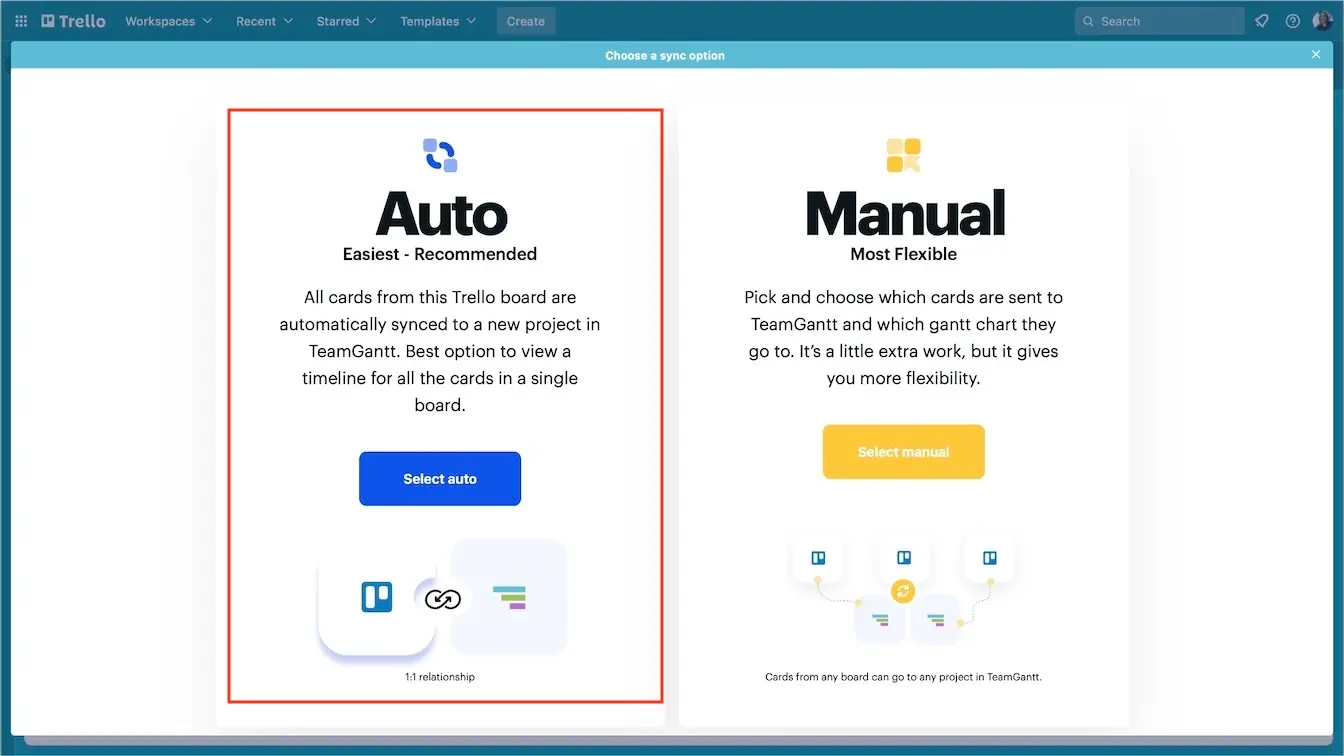 Choose between auto or manual sync options for TeamGantt Power-Up for Trellor