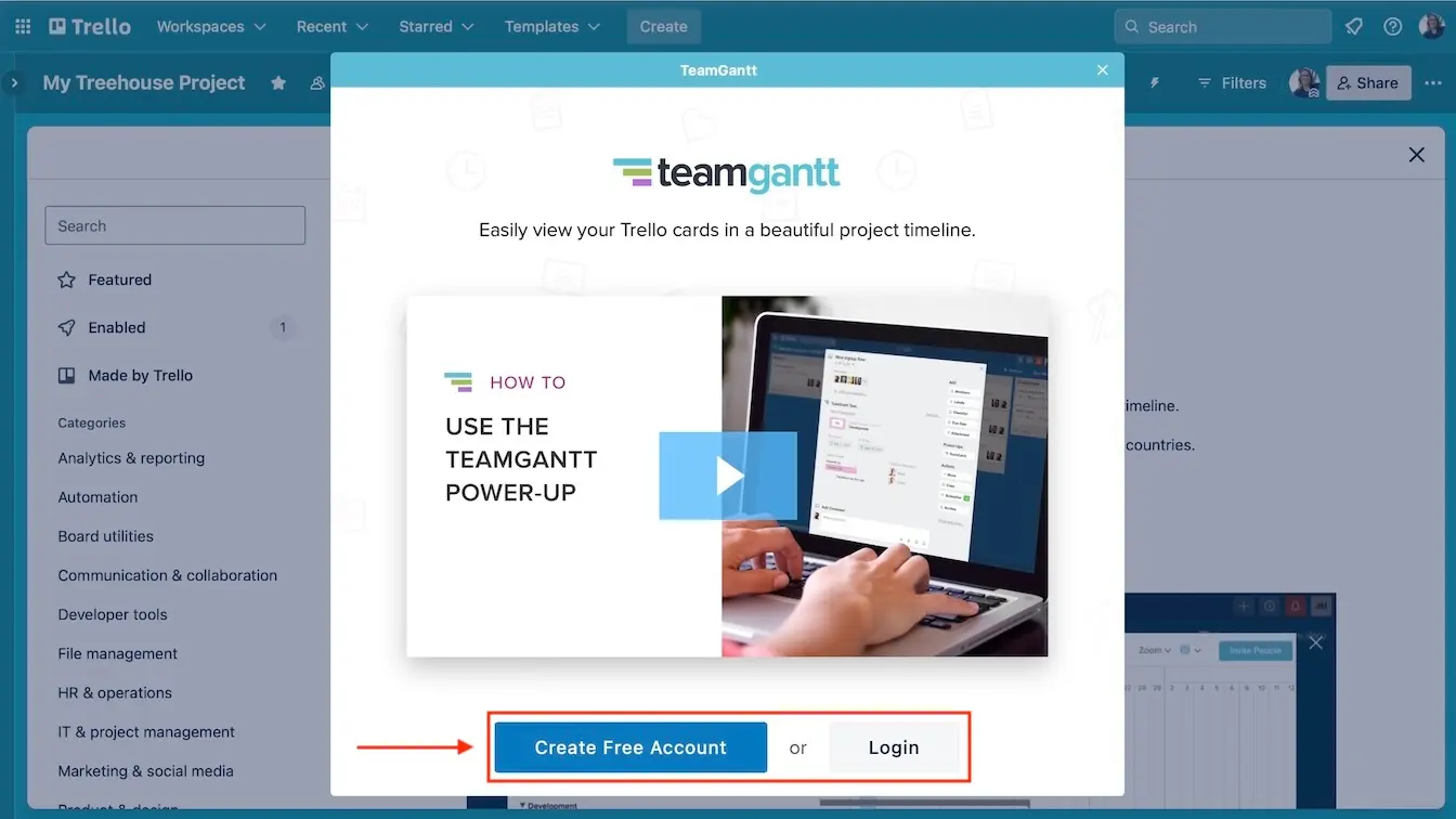 Login or Create a Free Account in TeamGantt to sync Trello integration