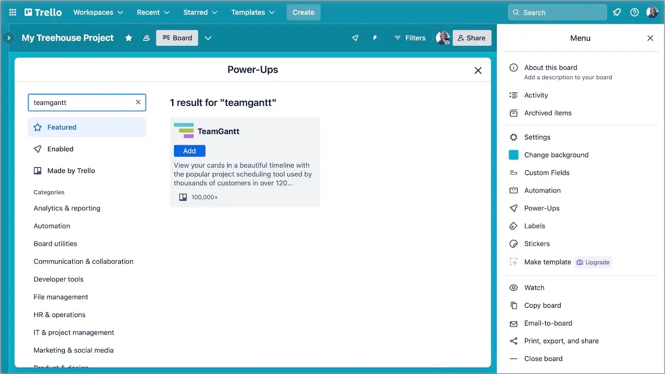 TeamGantt Power-Up in the Trello search results