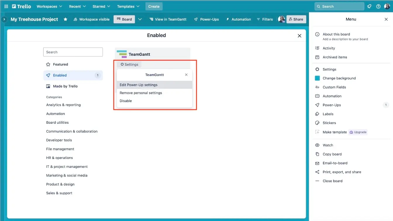 TeamGantt Power-Up settings menu with Edit option highlighted