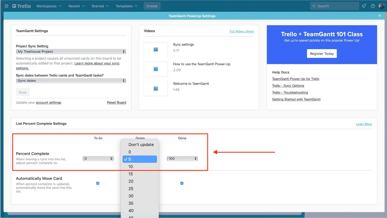 List Percent Complete Settings for TeamGantt Power-Up for Trello with To Do set at 0%, Doing set at 5%, and Done set at 100%