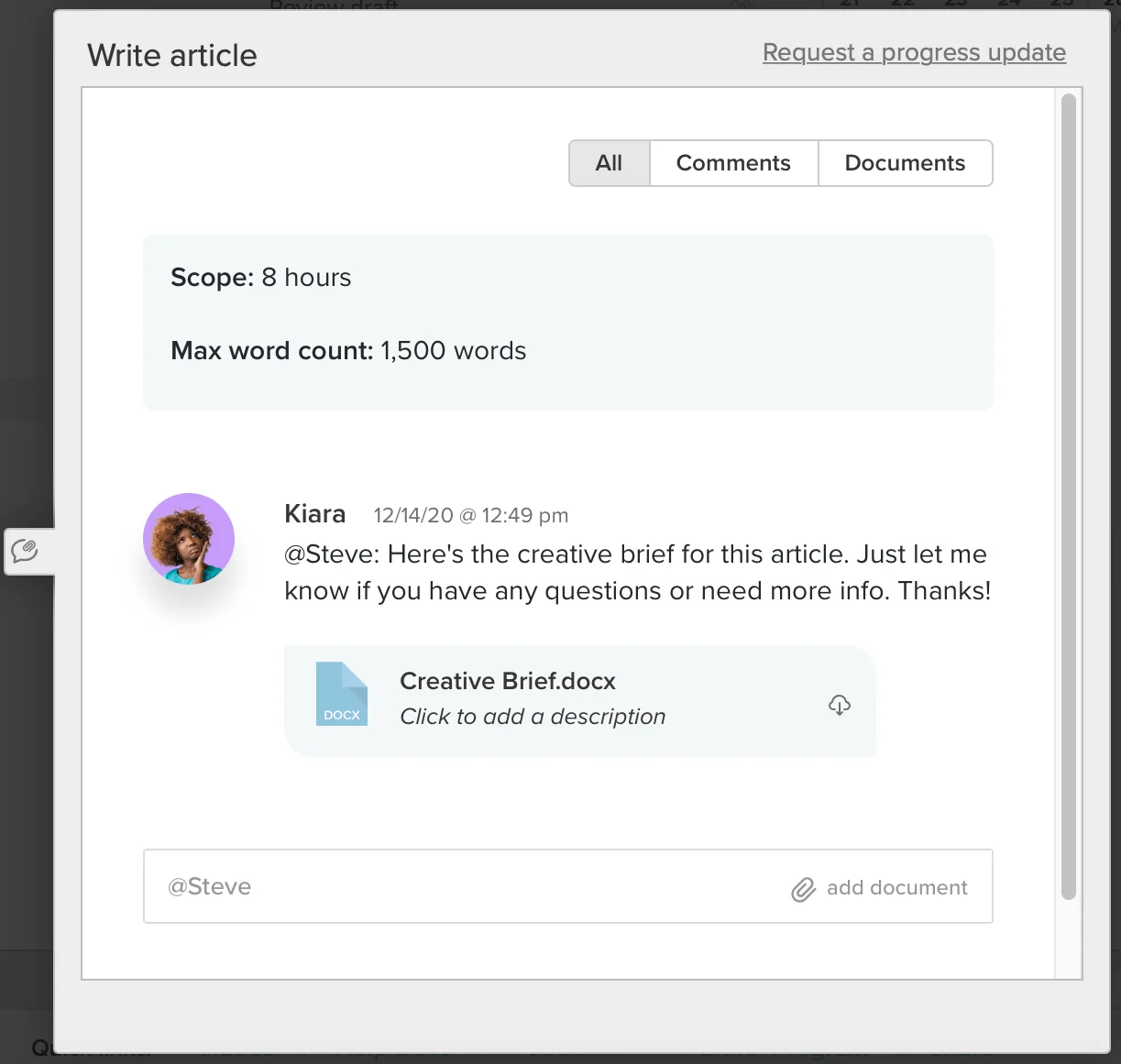 A screenshot of the detail window for a "Write article" task in TeamGantt. The task notes let teams know this task is scoped for 8 hours with a max word count of 1,500 words. The project manager has attached the creative brief to the task.