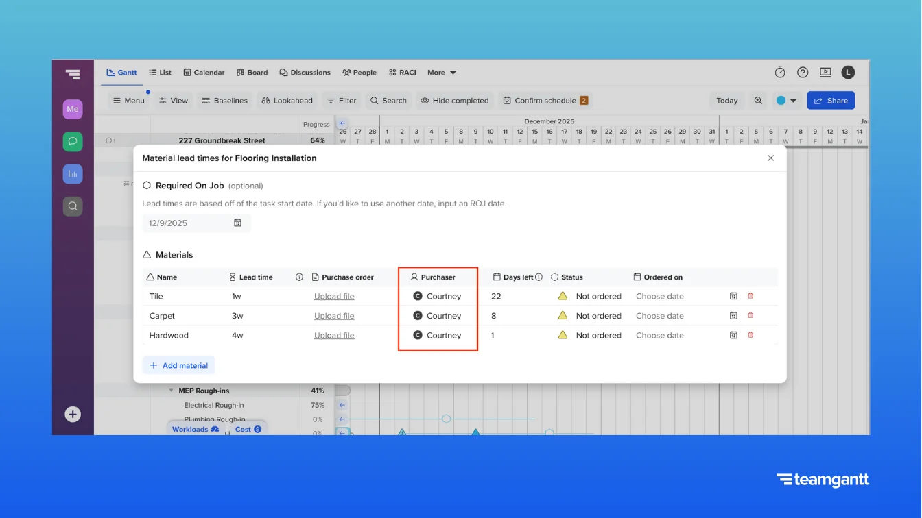 TeamGantt material tracking window for “Flooring Installation” with three listed materials: Tile, Carpet, and Hardwood. Each material has “Courtney” assigned as the purchaser in the Purchaser column, indicated by a user avatar with the letter C. Other fields include lead time, purchase order upload links, days left, order status, and ordered date. All materials are still marked as “Not ordered.”