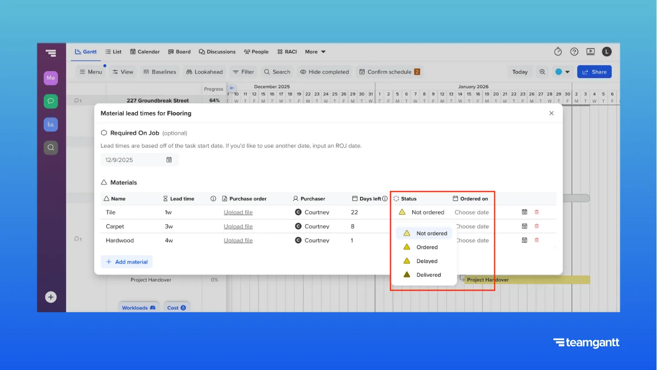 Material tracking window in TeamGantt for the “Flooring” task. In the Status column, a dropdown menu is expanded for the material “Carpet,” displaying four order status options: Not ordered, Ordered, Delayed, and Delivered — each marked with a yellow triangle icon that grows darker in shade as progress increases. The current status for all materials is set to “Not ordered.” Additional columns show lead times, purchaser, days left, and ordered date.