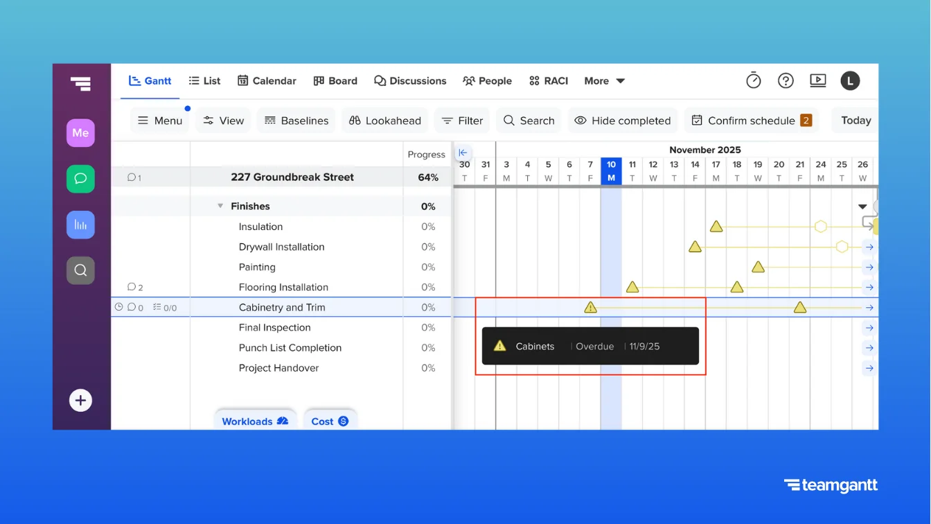 TeamGantt gantt chart showing the “Cabinetry and Trim” task with a warning icon next to the task bar. A tooltip is expanded, displaying material tracking info for “Cabinets” with an overdue status and the date 11/9/25. Several other yellow triangle icons appear across the timeline, each indicating different material statuses. A white hexagon marks a Required On Job date for another task.
