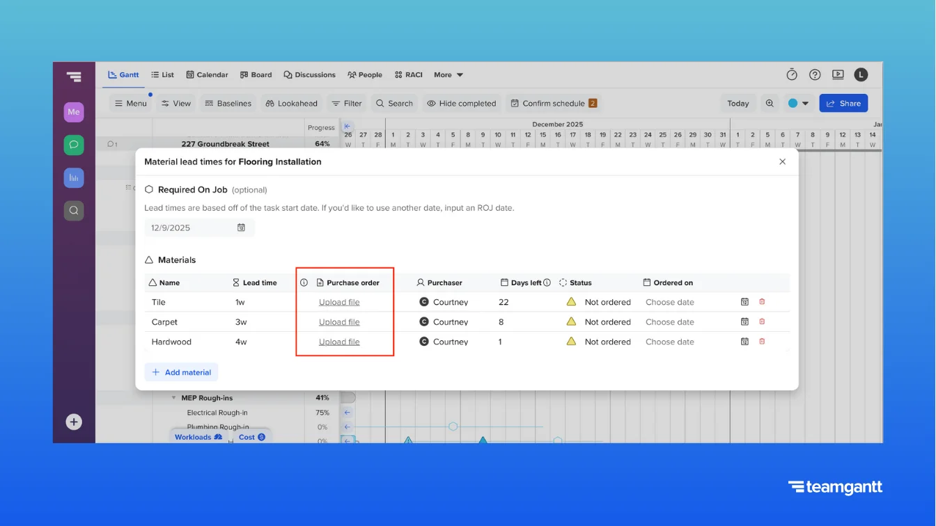 Material tracking window in TeamGantt for the “Flooring Installation” task. In the Purchase order column, each listed material—Tile, Carpet, and Hardwood—includes an “Upload file” link, allowing purchase orders to be attached directly. Other fields display lead time, purchaser name (Courtney), days left, status, and ordered date. All materials remain in “Not ordered” status.