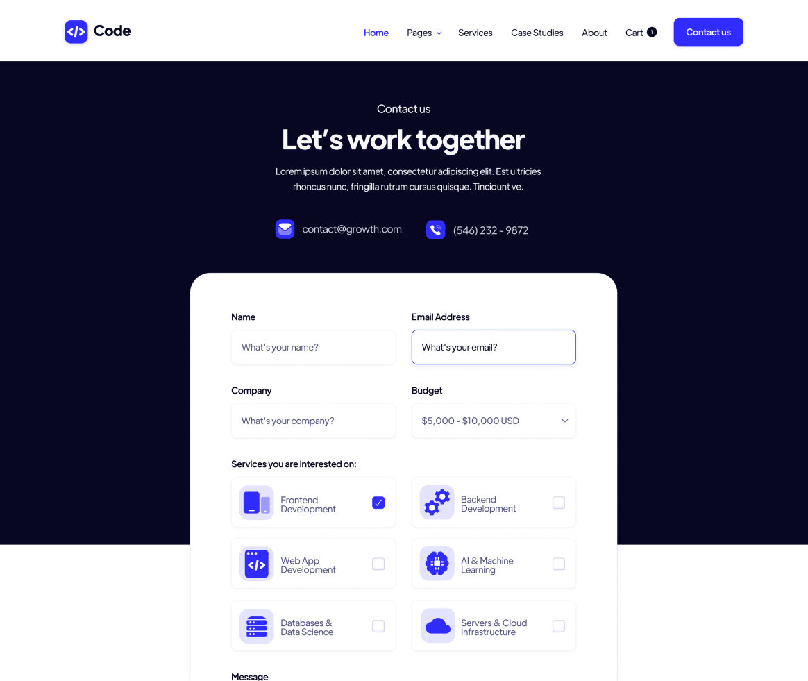 Code - Contact us page - Development Agency Webflow Template