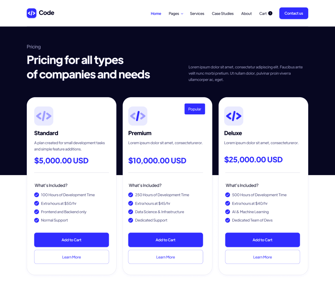 Code - Packages page - Development Agency Webflow Template