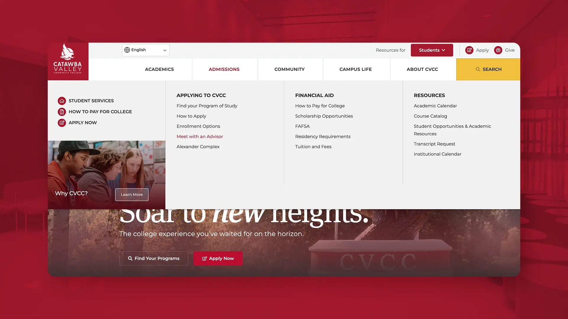 College website navigation example