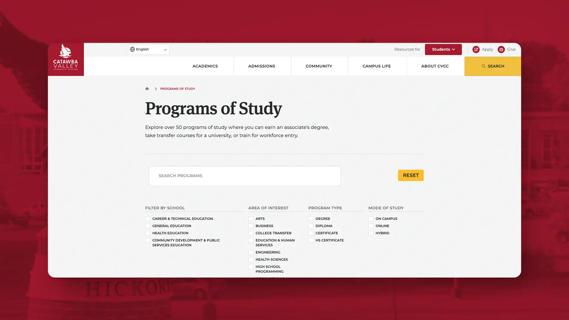 higher ed program search feature