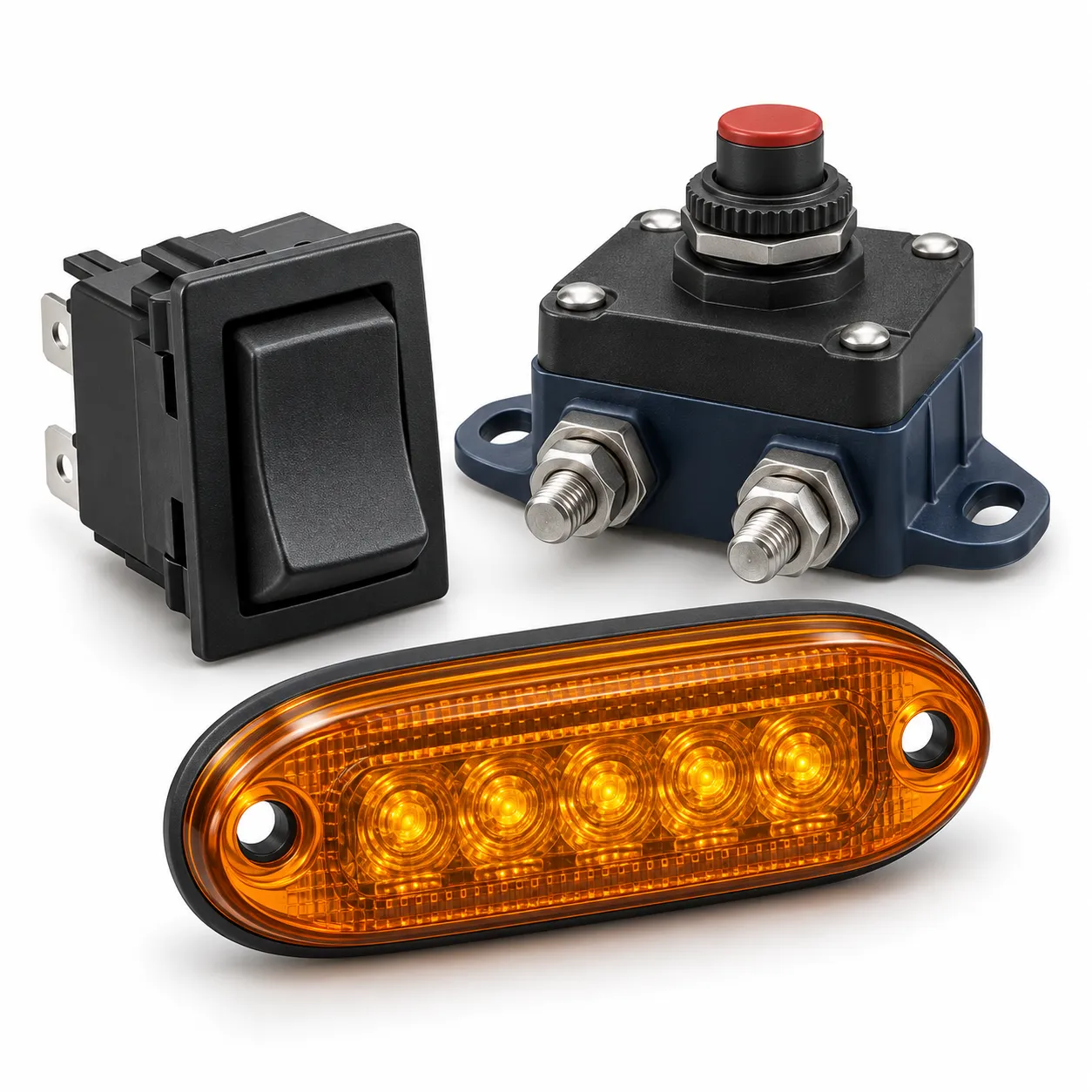 Illustration of a switch, circuit breaker and marker lamp