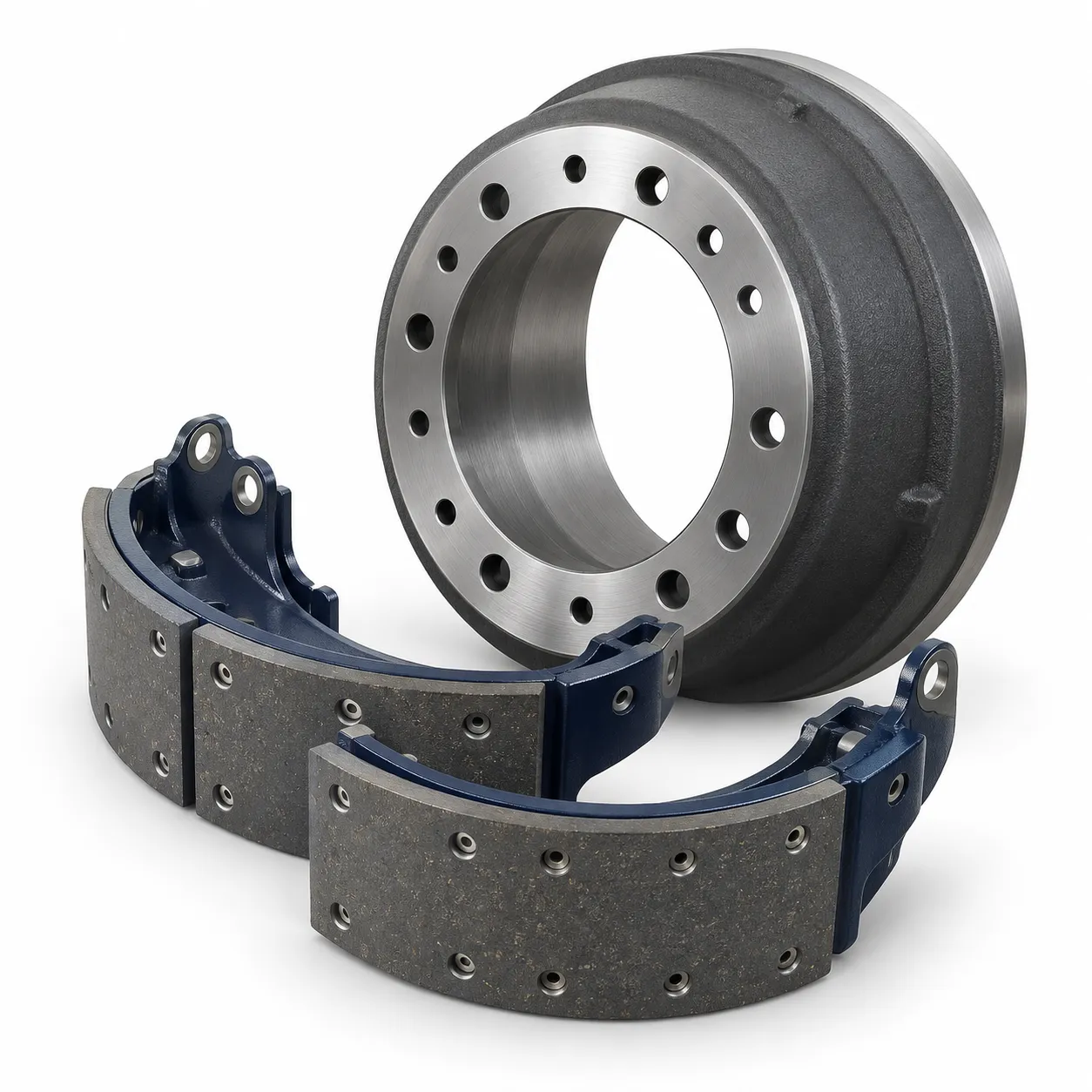Illustration of heavy-duty brake shoes and drum