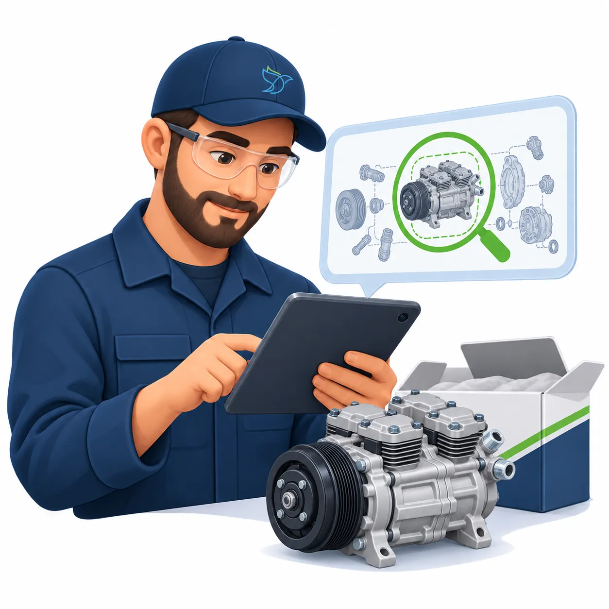 Spring Bird technician identifying a bus air-conditioning compressor