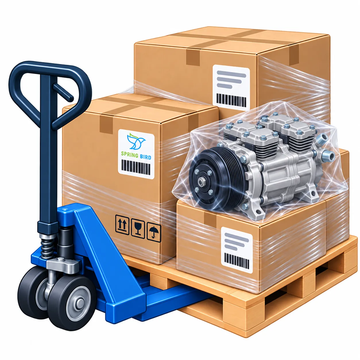 Bus HVAC compressor wrapped for shipping on a pallet with Spring Bird parts boxes