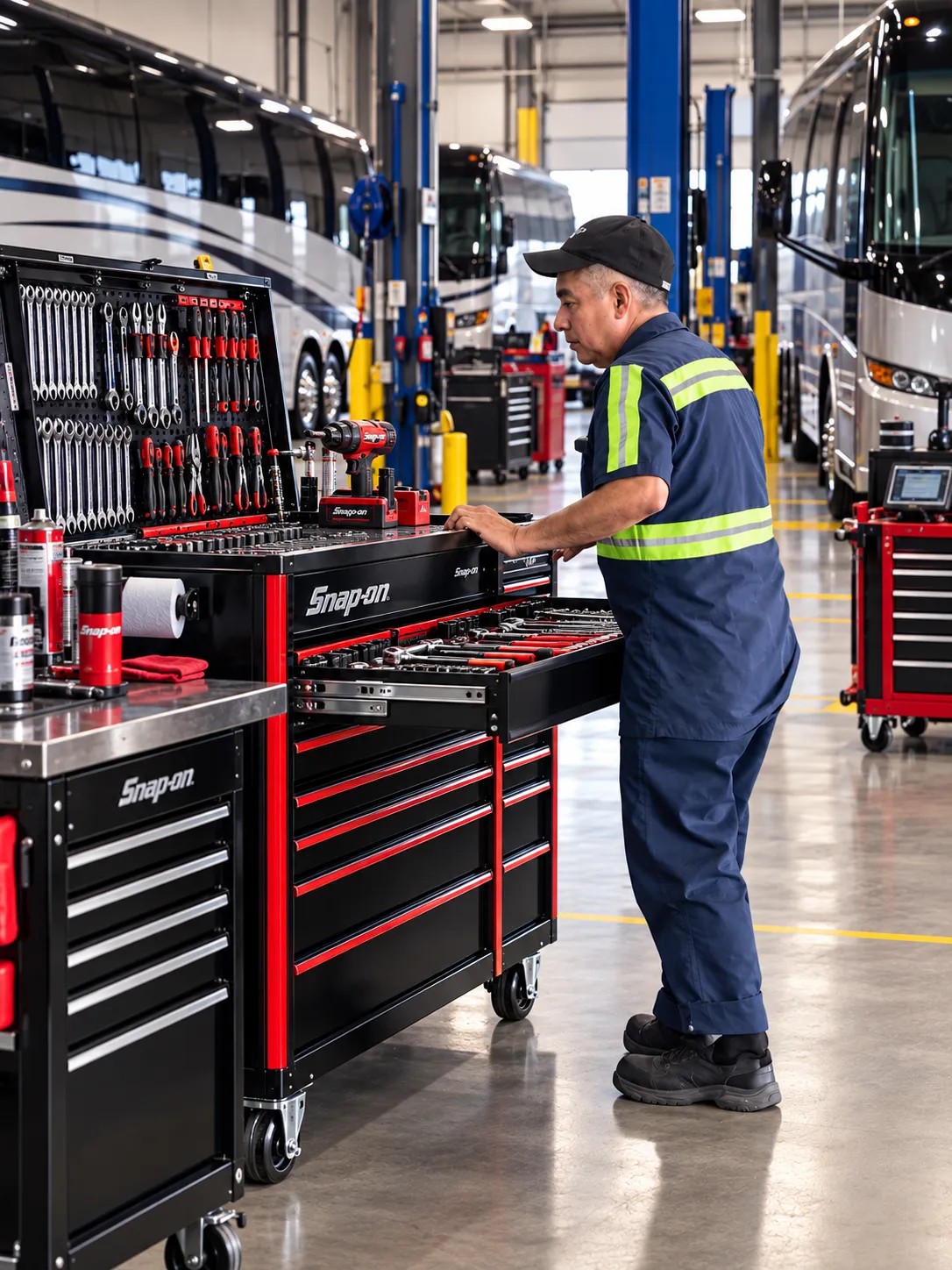 Mechanic beside a tool cabinet in a bus workshop