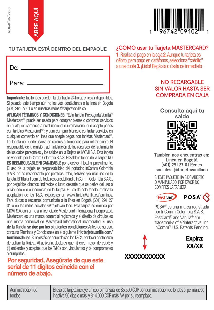 Tarjeta de regalo Vanilla — reverso