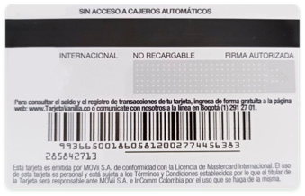 Tarjeta Vanilla — reverso