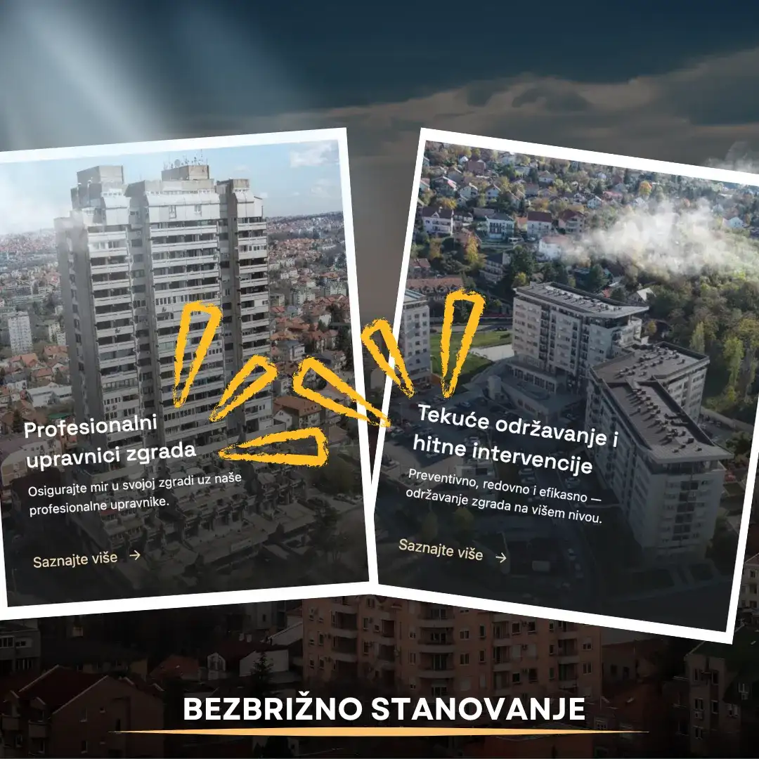 Dve nagnute slike stambenih zgrada sa hrvatskim tekstom o profesionalnim upravnicima zgrada i službama održavanja na tamnoj gradskoj pozadini.