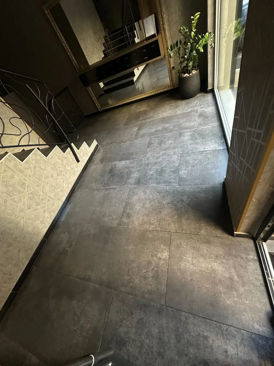 Moderno stepenište sa tamnim popločanim podom, ogradom od kovanog gvožđa, velikim zidnim ogledalom i saksijom sa biljkom pored kliznih staklenih vrata.