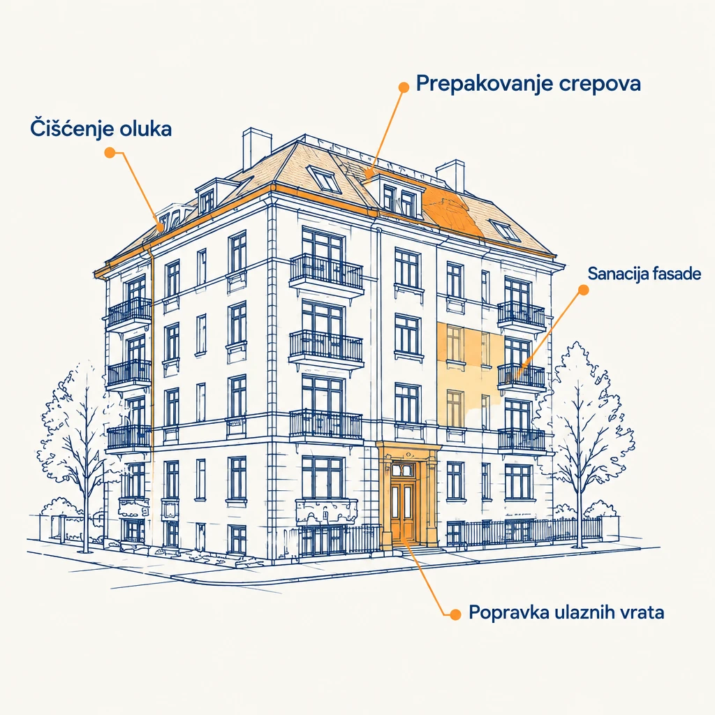 Skica zgrade: čišćenje oluka, prepakovanje crepova, sanacija fasade i popravka ulaznih vrata.