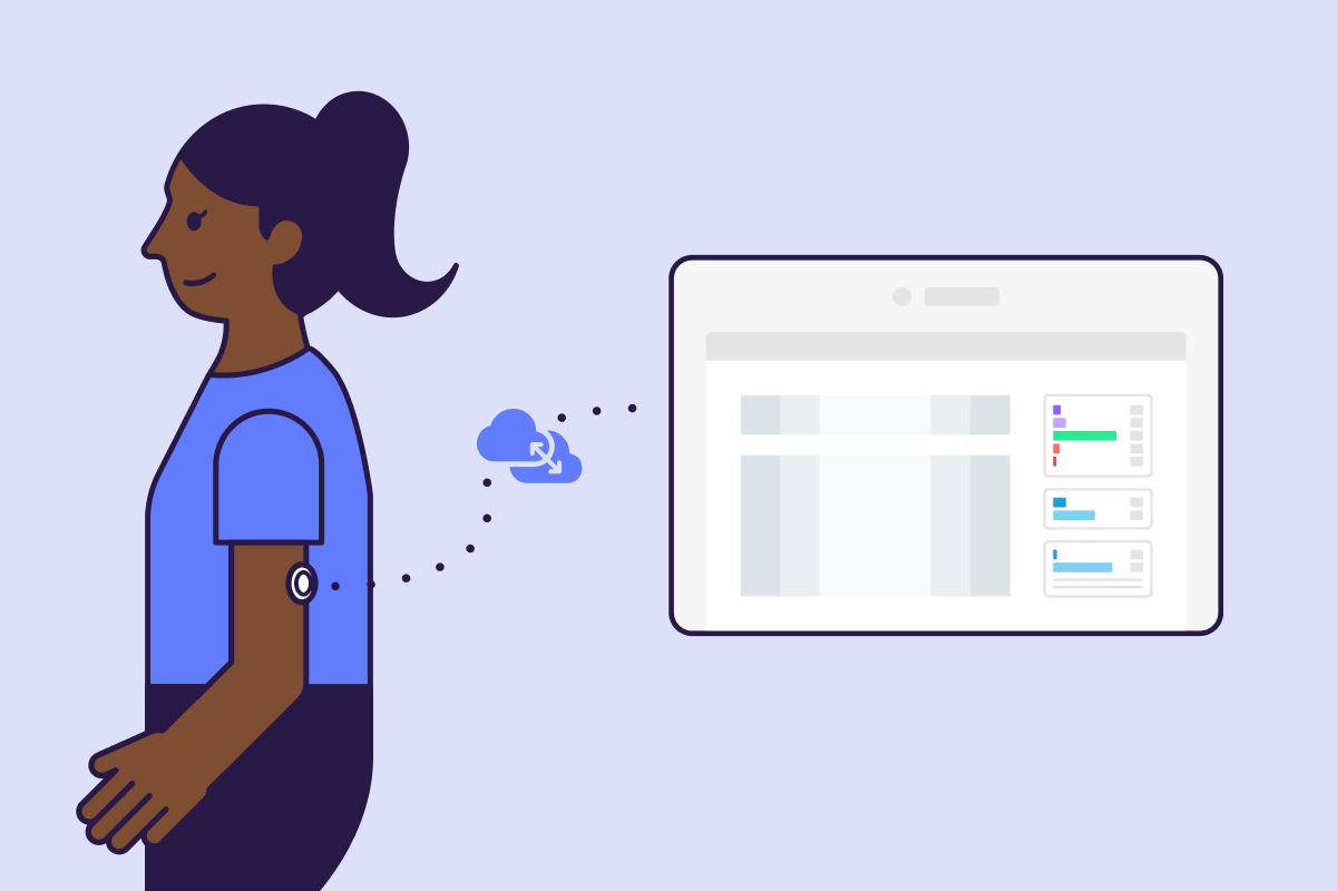 An illustration of a woman wearing a FreeStyle Libre sensor that is connected via dotted line and cloud icon to a Tidepool data chart