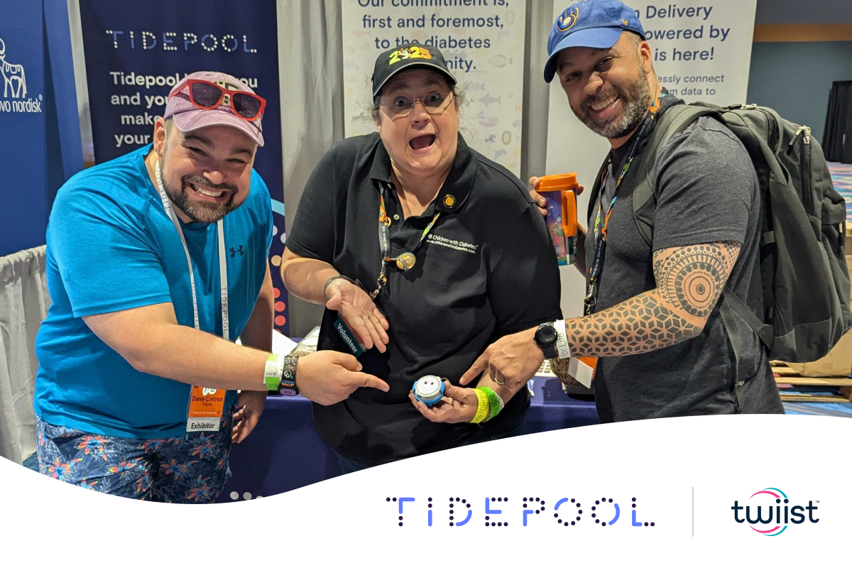 Dave Cintron (Tidepool), Trip Stoner (one of the first twiist users), and Christopher Snider (Tidepool) celebrating this milestone at Friends for Life in Orlando.