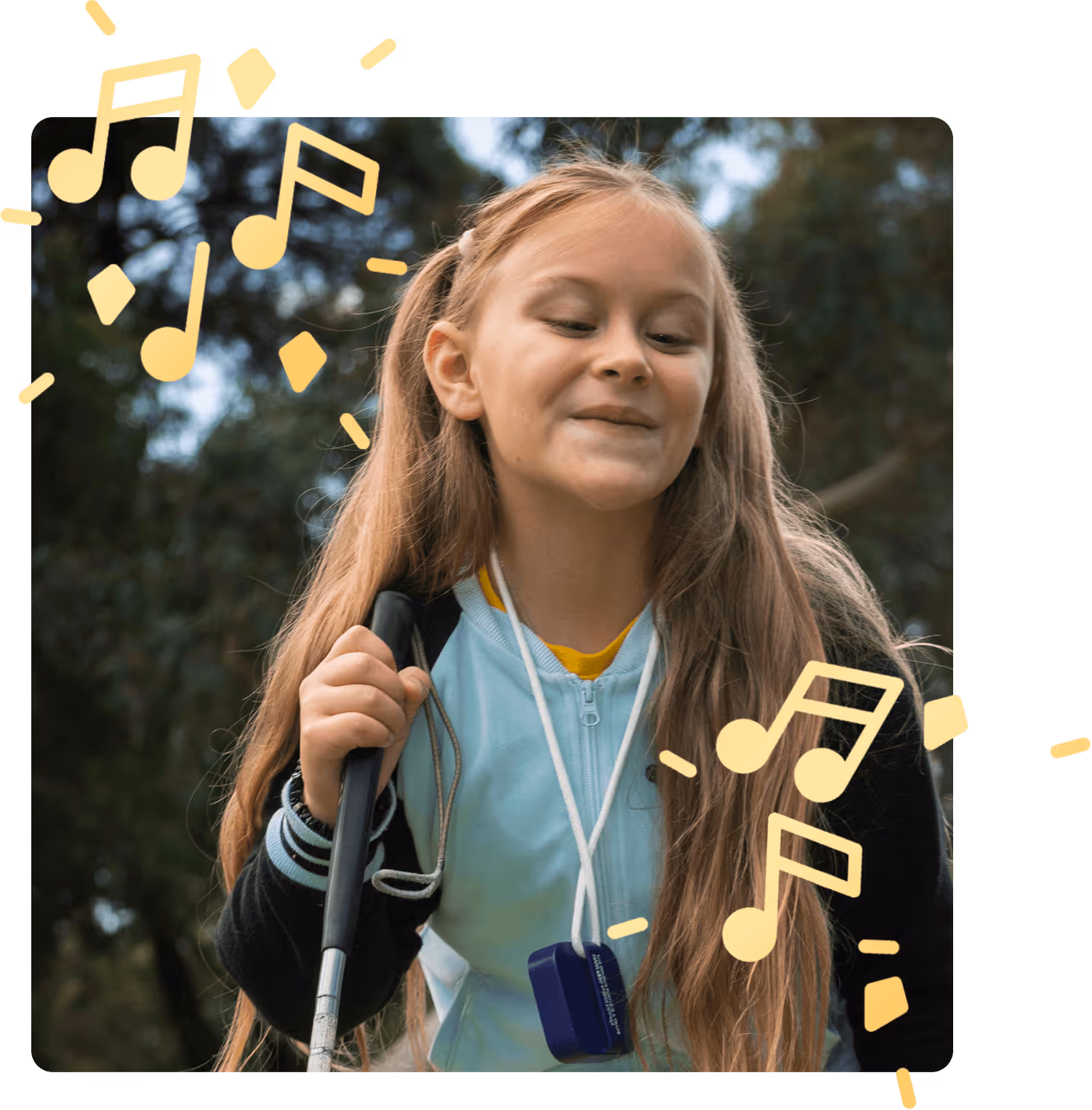 A girl with musical notes around her head.