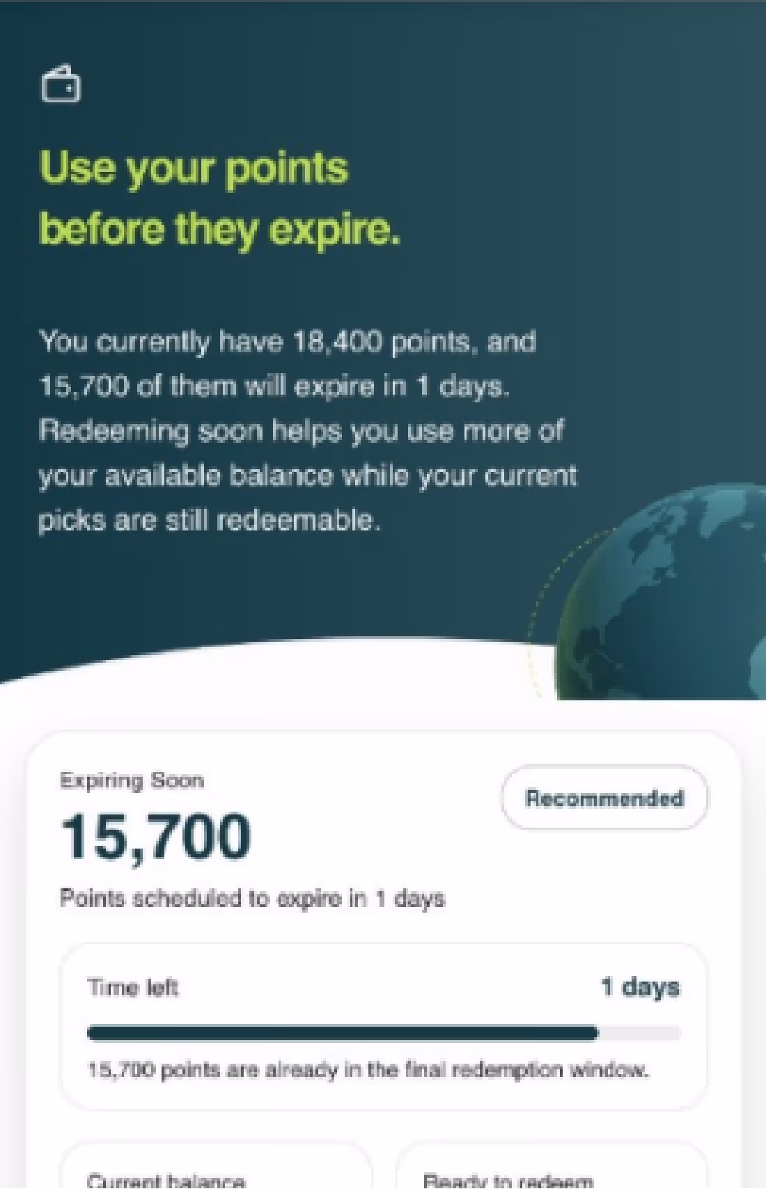 Notification showing 15,700 points expiring in 1 day with a progress bar and current balance info.