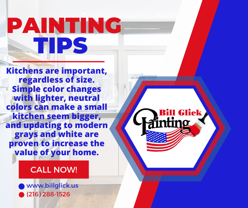 Image text with interior painting tips for wall colors in small kitchens by Bill Glick Painting in Medina and Northeast Ohio